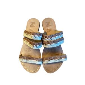 MANEBI Manebi Flat Sandals Size 37 Braided Multi-Strap Straw Slip-On Tan Brown